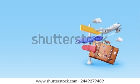 3d vintage travel bag, airplane and pointer. Render signboard with plane Icon, classic suitcase with stickers. Travel element. Holiday or vacation. Transportation concept. Vector Illustration