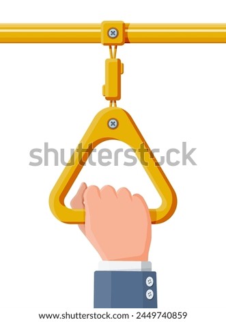 Hand holding the handrail in transport. Handles for safety transportations of passengers in bus, metro, train. Triangle yellow handle and hand isolated on white. Cartoon flat vector illustration