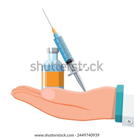 Ampoule and syringe with medicament in hand of doctor. Vaccination concept. Injection syringe needles. Medical equipment. Healthcare, hospital and medical diagnostics. Flat vector illustration