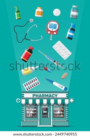 Medicine collection in drugstore. Set of bottles, tablets, pills, capsules sprays for illness and pain treatment. Medical drug, vitamin, antibiotic. Healthcare and pharmacy. Flat vector illustration