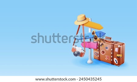 3d leather classic travel bag, photo camera and pointer. Render vintage suitcase and straw hat. Travel baggage and luggage. Holiday or vacation. Transportation concept. Realistic vector illustration