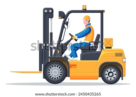 Yellow forklift truck with driver isolated on white background. Empty electric uploader. Delivery, logistic and shipping cargo. Warehouse and storage equipment. Flat vector illustration
