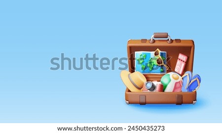 3d vintage travel bag with airline ticket, map and beach clothes. Render paper ticket with plane icon, suitcase and photo camera. Travel, holiday or vacation and transportation. Vector illustration