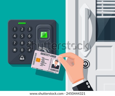 Password and fingerprint security device at office or home door. Hand with id card. Access control machine or time the attendance. Proximity card reader. Vector illustration in flat style