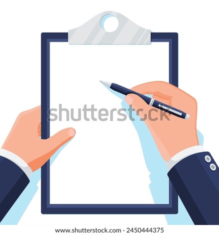 Clipboard with Empty Paper Sheet and Pen in Hand Isolated on White. Blue Clip Board with White Paper and Pen Put Alongside. Office Stationery or Paperwork Concept. Cartoon Flat Vector Illustration