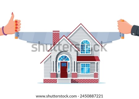 Two Handed Saw Cuts House in Half. Property Division or Section Concept. Real Estate Divide. Woman and Man Cuts House After End of Marriage. Dissolution of Marriage Contract. Flat Vector Illustration