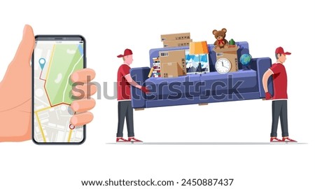 Delivery character man movers carry sofa and smartphone with map app. Porters carry couch isolated. Moving company with loaders and furniture. Delivery relocation service. Flat vector illustration