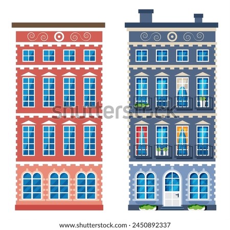 Residential House Icon in Dutch Style. Amsterdam Old Building Isolated on White. Historic Facade with Windows, Door, Flowers and Curtains. Architecture of Netherlands. Cartoon Flat Vector Illustration