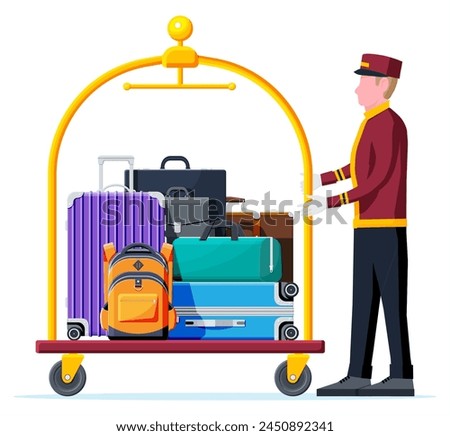 Hotel Luggage Cart and Bellhop Character. Bellboy Worker with Hotel Baggage Trolley With Bags Isolated. Handtruck for Transportation in Hotel. Vacation and Travel. Flat Vector Illustration