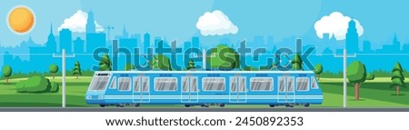 Modern Tram Train Passenger Streetcar Cityscape. City Light Rail Tramcar. Urban Electric Transport. Passenger Express Railway. Railroad Public Transportation. Rapid Transport. Flat Vector Illustration