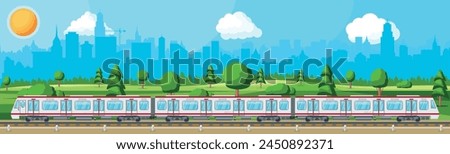 High Speed Train and Landscape With Cityscape. Super Streamlined Train. Passenger Express Railway Locomotive. Railroad Public Transportation. Rapid Transport Subway. Flat Vector Illustration