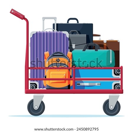 Modern And Vintage Travel Bag Collection On Hand truck. Set Of Plastic And Leather Business Case. Trolley On Wheels. Travel Backpack, Urban Baggage And luggage. Flat Vector Illustration