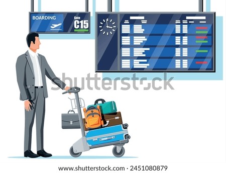 Man and Hand Truck Full of Bags in Terminal. Departure Arrival Timetable. Airport Luggage Trolley. Hand Cart. Handcart for Baggage or Luggage. Transportation Equipment. Flat Vector Illustration