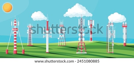 Transmission Cellular Tower Antenna Landscape. Network Broadcast Equipment Isolated. Broadcasting, Internet, Television Cell Station. 4G 5G. Satellite Communication Antenna. Flat Vector Illustration