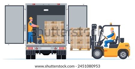 Forklift loading pallet boxes into truck in rear view. Electric uploader loading cardboard boxes in delivery vehicle. Logistic and shipping cargo. Warehouse storage equipment. Flat vector illustration