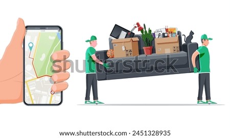 Delivery character man movers carry sofa and smartphone with map app. Porters carry couch isolated. Moving company with loaders and furniture. Delivery relocation service. Flat vector illustration