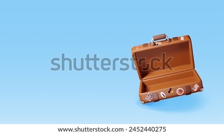 3D vintage old travel suitcase isolated. Render leather retro bag. Brown briefcase with belts. Travel baggage and luggage. Holiday or vacation. Transportation concept. Realistic vector illustration