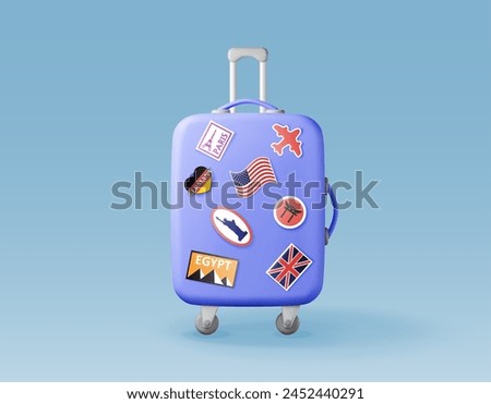 3D blue travel suitcase with stickers isolated. Render plastic bag. Travel or journey concept. Plastic case. trolley on wheels. Travel baggage and luggage. Realistic vector illustration