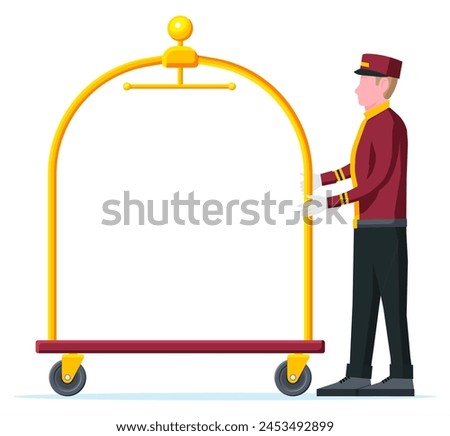 Empty Hotel Luggage Cart and Bellhop Character. Bellboy Worker with Hotel Baggage Trolley Without Bags Isolated. Handtruck for Transportation in Hotel. Vacation and Travel. Flat Vector Illustration