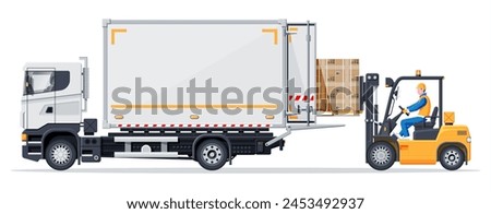 Forklift loading pallet boxes into truck. Warehouseman with checklist. Electric uploader loading cardboard boxes in delivery car. Logistic shipping cargo. Storage equipment. Flat vector illustration