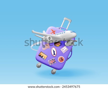 3D travel suitcase with stickers and airplane isolated. Render plastic bag. Travel or journey concept. Plastic case. trolley on wheels. Travel baggage and luggage. Realistic vector illustration