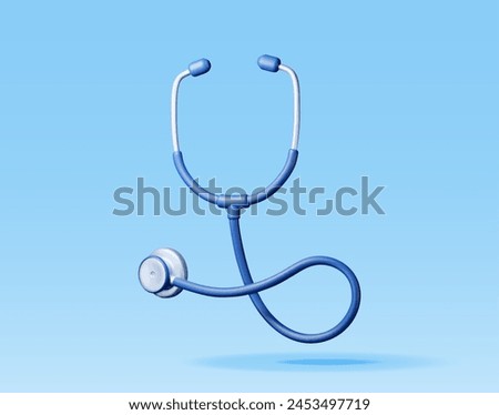 3D medical stethoscope isolated on blue. Render stethoscope doctor instrument icon. Medicine and healthcare, cardiology, pharmacy, drugstore, medical education. Vector illustration