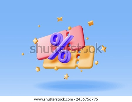 3d coupon with percent symbol and confetti isolated. Render discount voucher or coupon. Blank ticket shopping paper. Promotional offer confirmation. Bonus purchase, gift concept. Vector Illustration