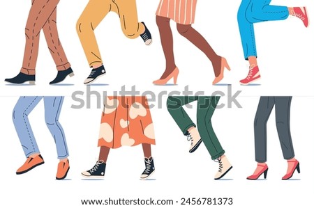 People Walking in Modern Shoes. Set of Various Female and Male Shoes with Feet. Boots, Sneakers, Heels. Girl and Boy Footwear. Different Woman and Man Shoes. Cartoon Flat Vector Illustration