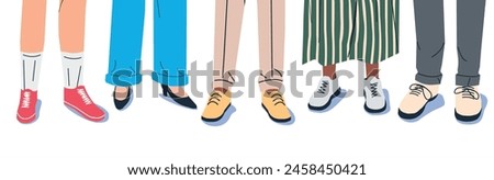 Woman and Man Legs in Stylish Sneakers. Set of Various Female and Male Shoes with Feet. Boots, Sneakers, Boat, Topsider. Girl and Boy Footwear. Different Female Shoes. Cartoon Flat Vector Illustration