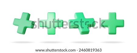 3D set of green cross sign isolated on white. Render collection of green plus symbol. Healthcare, hospital and medical diagnostics. Urgency and emergency services. Vector illustration