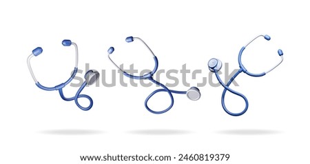 3D set of medical stethoscope isolated on blue. Render collection of stethoscope doctor instrument icon. Medicine and healthcare, cardiology, pharmacy drugstore, medical education. Vector illustration