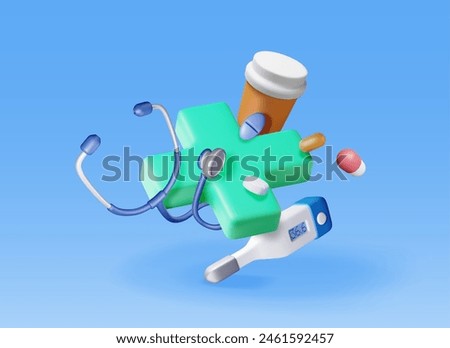 3d first aid kit with stethoscope, thermometer and pill container. Render medicine cross and tablets. Healthcare, hospital and medical diagnostics. Urgency and emergency services. Vector illustration