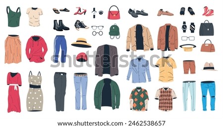 Collection of Woman and Man Wardrobe. Set of Female and Male Clothes and Accessories. Various Girl and Boy Clothing. Jacket, Shoes, Shirt, Pants, Watches, Eyeglasses, Hat. Flat Vector Illustration