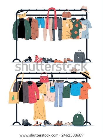 Clothes and Accessories Hanging on Hanger. Home or Shop Wardrobe. Clothes and Accessories. Various Hanging Clothing. Jacket, Shirt, Jeans, Pants, Bags, Shoes and Hats. Cartoon Flat Vector Illustration