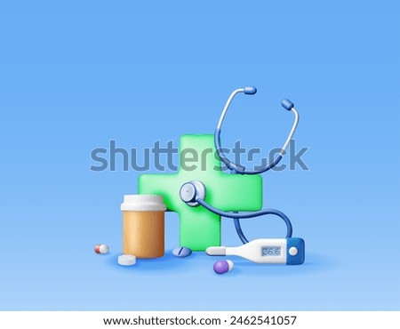 3d first aid kit with stethoscope, thermometer and pill container. Render medicine cross and tablets. Healthcare, hospital and medical diagnostics. Urgency and emergency services. Vector illustration