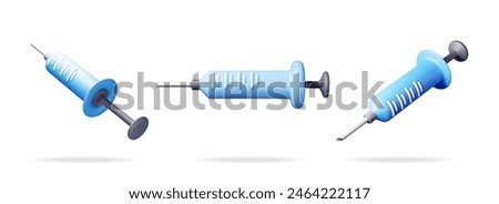 3d set of syringe icon isolated. Render collection of medical plastic vaccination syringe. Injection syringe needles. Healthcare hospital medical diagnostics. Urgency emergency. Vector illustration