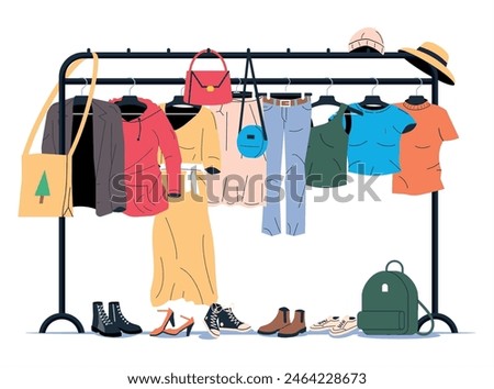 Clothes and Accessories Hanging on Hanger. Home or Shop Wardrobe. Clothes and Accessories. Various Hanging Clothing. Jacket, Shirt, Jeans, Pants, Bags, Shoes and Hats. Cartoon Flat Vector Illustration