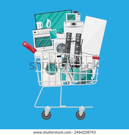 Household devices in shopping cart. electronics stores sale. vector illustration in flat style