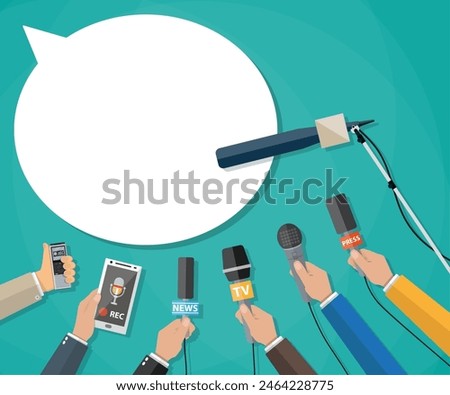 Few hands of journalists with microphones, tape recorder and smartphone. journalism, live report, hot news, television and radio casts. vector illustration flat style, green background speech bubble