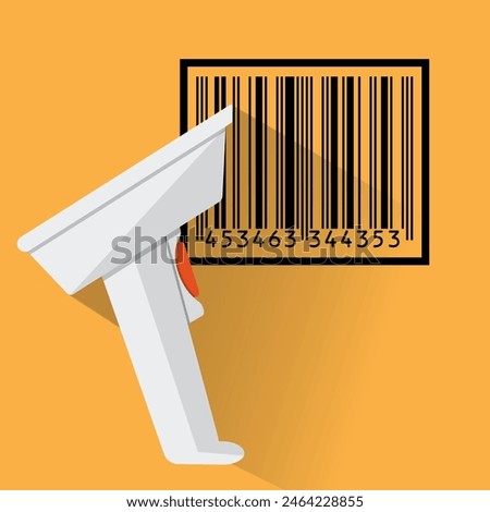 hand held barcode scanner with long shadow and black bar code. vector illustration in flat design on orange background