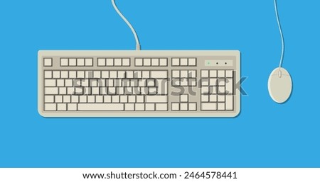 White retro computer keyboard and mouse with shadow. vector illustration in flat design on blue background