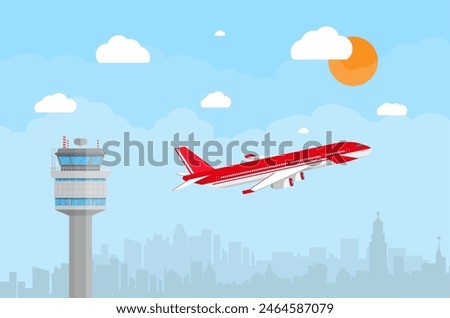 Cartoon background with gray airport control tower and flying red civil airplane after take off in blue sky with clouds, sun and city skyline silhouette. vector illustration in flat design