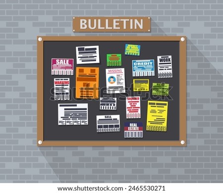 Various tear off papers ad on bulletin board on brick wall. Advertisement and announcement, sell, rent, missing human, credit, work, money. Vector illustration in flat style