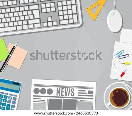 Business calculator, cup of coffee, blank paper, sticky notes, newspaper, pin, pen, keyboard and mouse on white office desktop. copy space for text in center, vector illustration in flat design