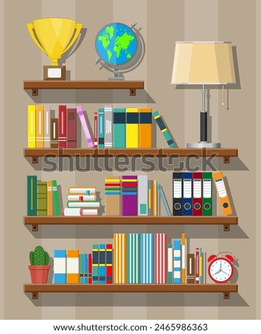 Library wooden book shelf. Globe, lamp, clocks, cactus, cup. Bookcase with different books. Vector illustration in flat style