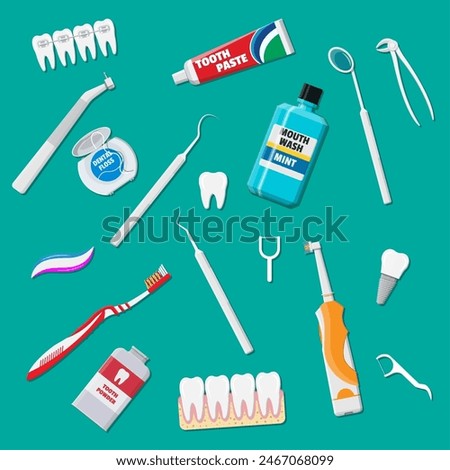 Dental cleaning tools. Oral care and hygiene products. Toothbrush, toothpaste, mouthwash, tongue brush, powder, tongue scraper and dental floss. Brushing teeth. Vector illustration in flat style