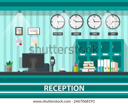 Interior of modern reception, computer, keypad, safety boxes, clocks, document paper, pen, service bell. Hotel hostel guesthouse lobby, tourism concept. Vector illustration in flat design