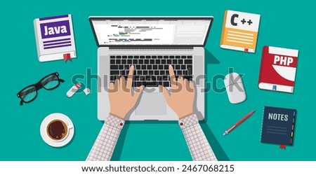 Workplace of programmer or coder. Desktop pc, laptop, books, coffee, glasses. Software coding, programming languages, testing, debugging, web site, search engine seo Vector illustration in flat style