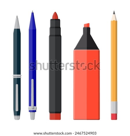 Pens, pencil, markers set isolated on white. Ballpoint pen, pencil with rubber eraser and felt pen. Office supply and stationery set. Vector illustration in flat style