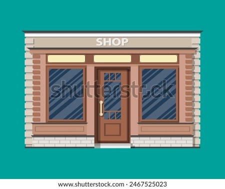 Generic shop exterior. Wooden and bricks material. Commercial, property. Vector illustration in flat style